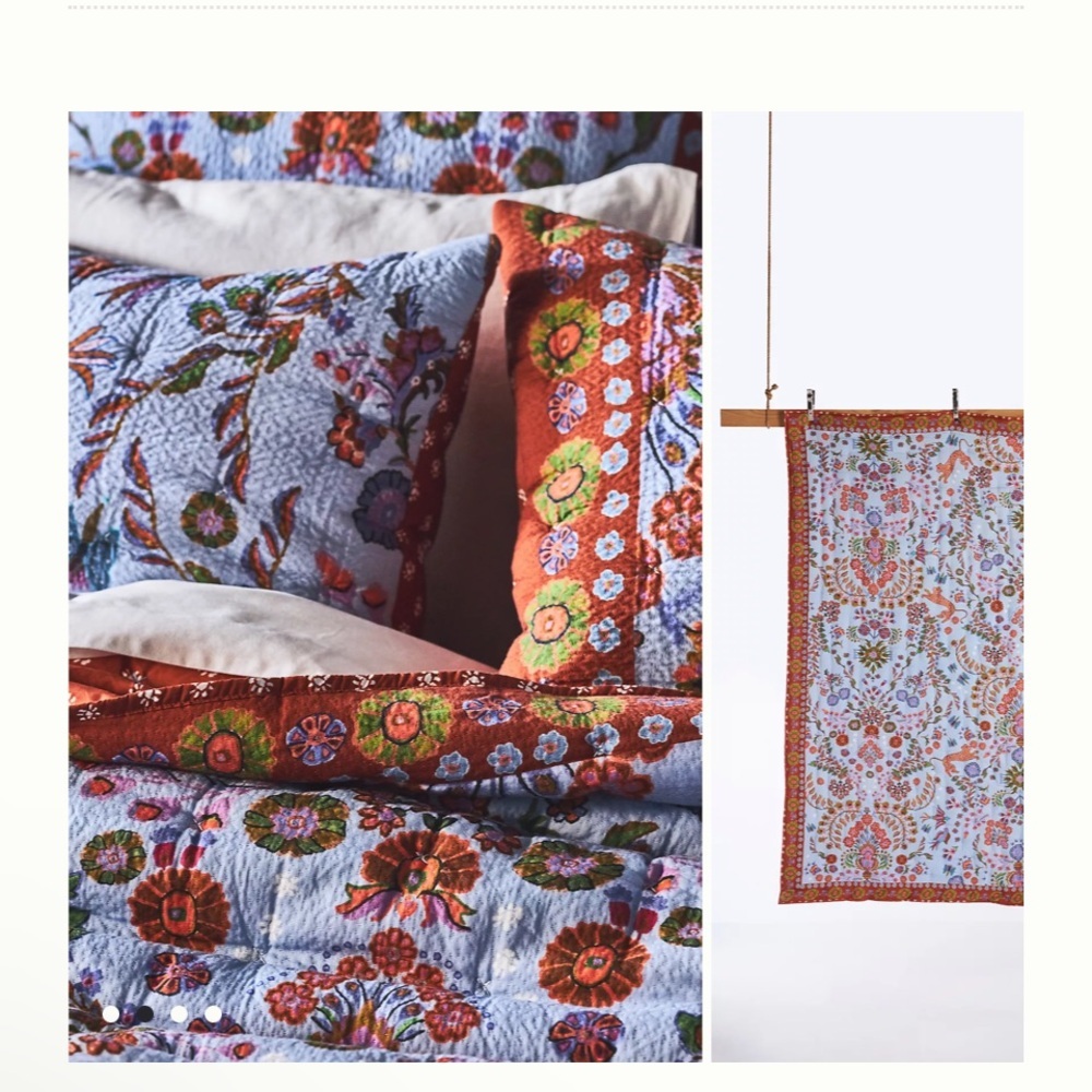 Anthropologie Floral Quilt in Light Blue, Rust, Green - Picture 2 of 8